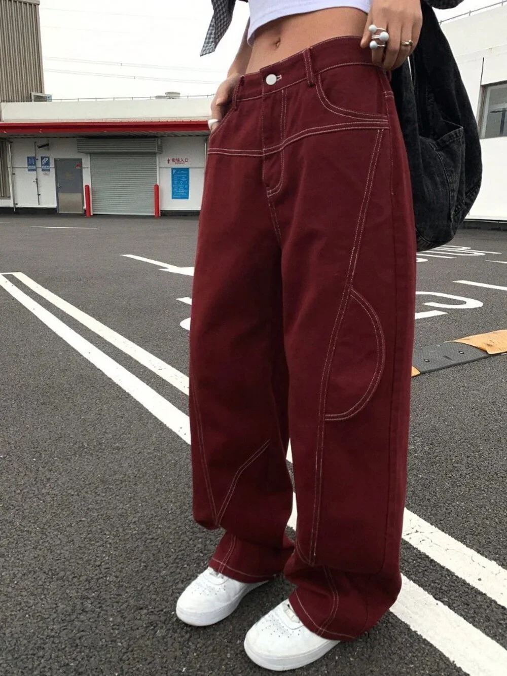 Burgundy Casual Women's Loose Fit Cargo Jeans Y2k